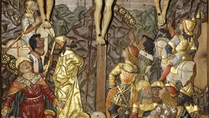 Pannello ligneo con la Crocefissione di Cristo relativo all’altare maggiore rinascimentale del Santuario, ultimi decenni del XV secolo.